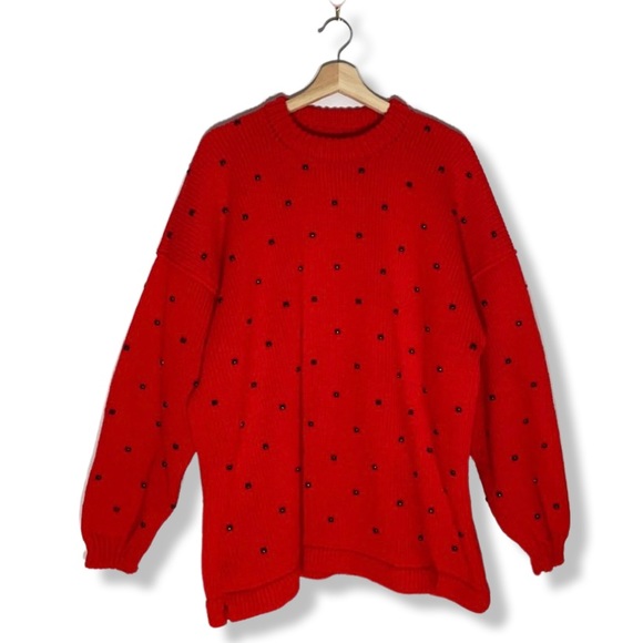 Oversized Handmade Red Knit Crewneck Sweater with Beads - Picture 1 of 12